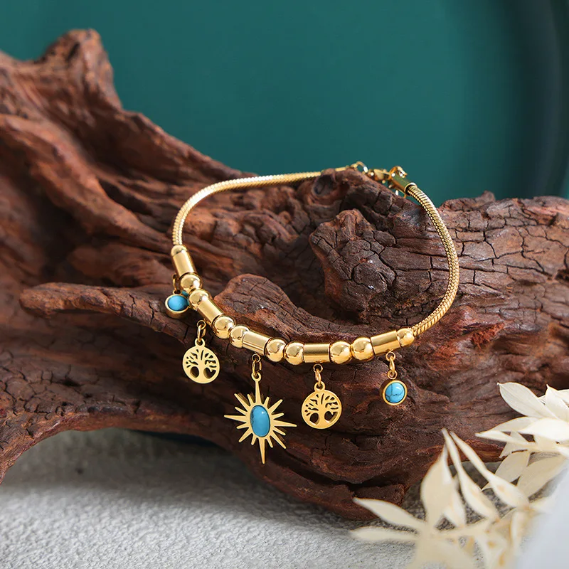 Turquoise Sun and Tree of Life Charm Bracelet.