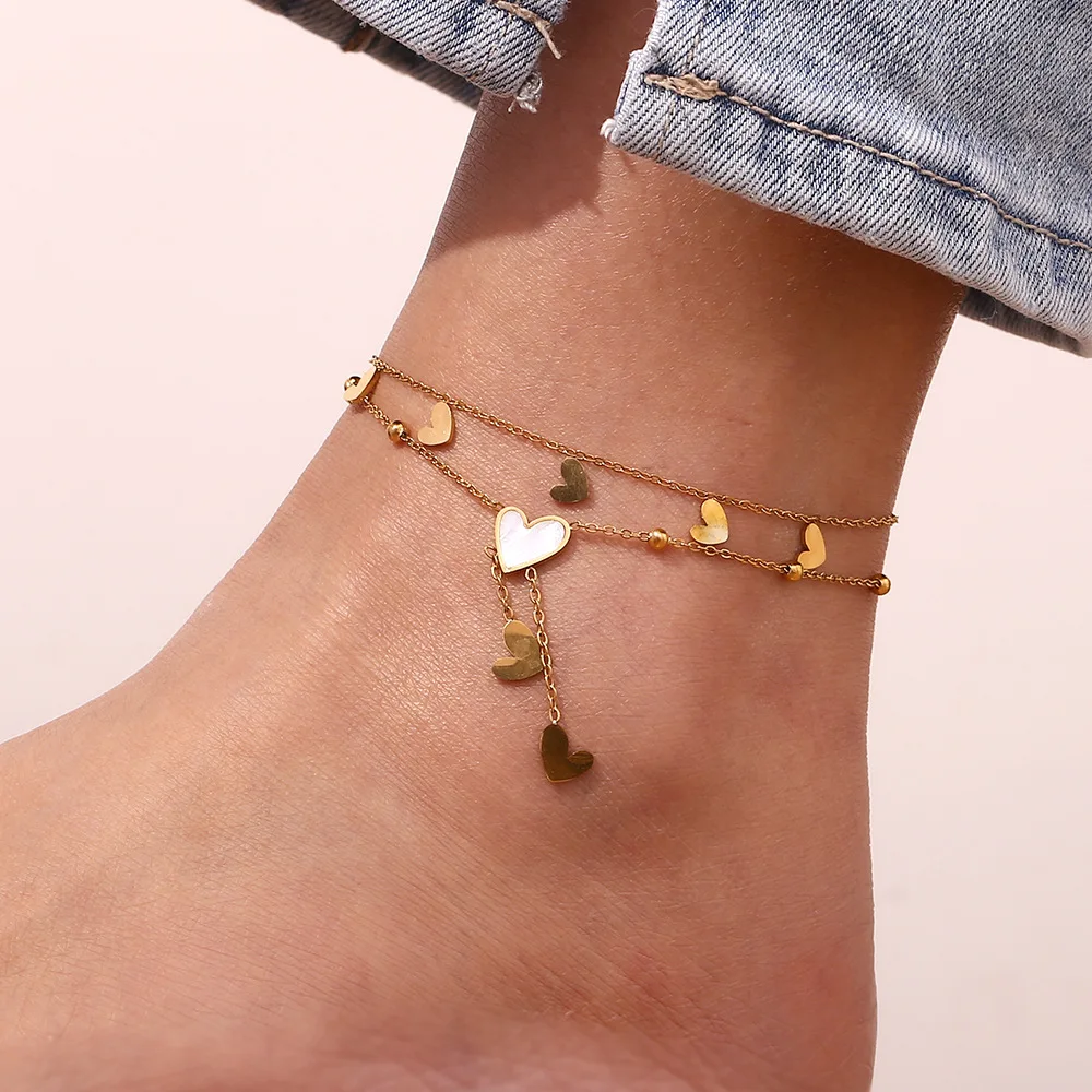 White Shell Heart Charm Layered Anklet.
