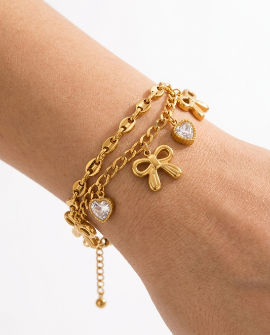 Double-Layer Heart & Bow Stainless Steel Bracelet