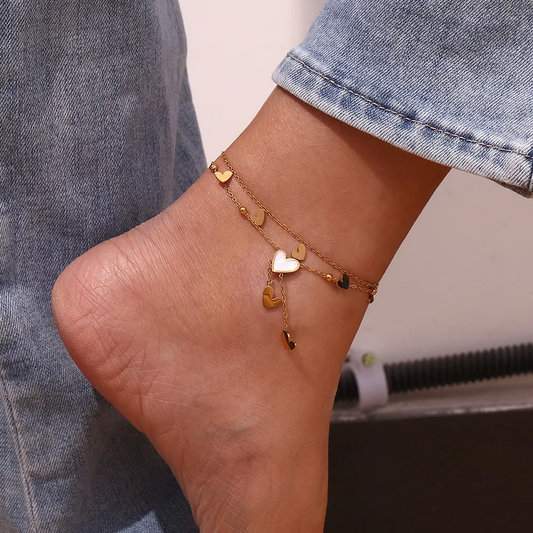 White Shell Heart Charm Layered Anklet.