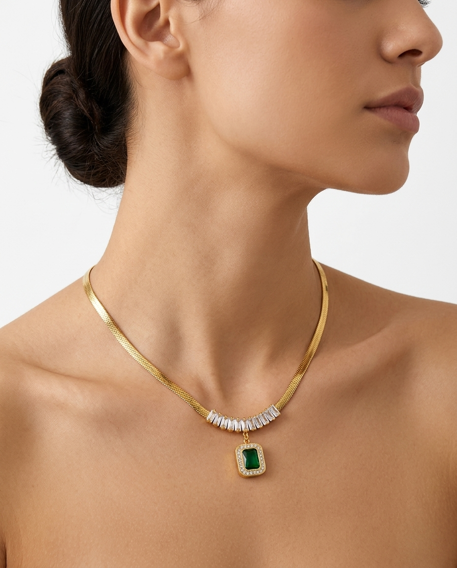 Green Stone Crystal Stainless Steel Necklace