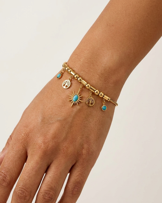 Turquoise Sun and Tree of Life Charm Bracelet.