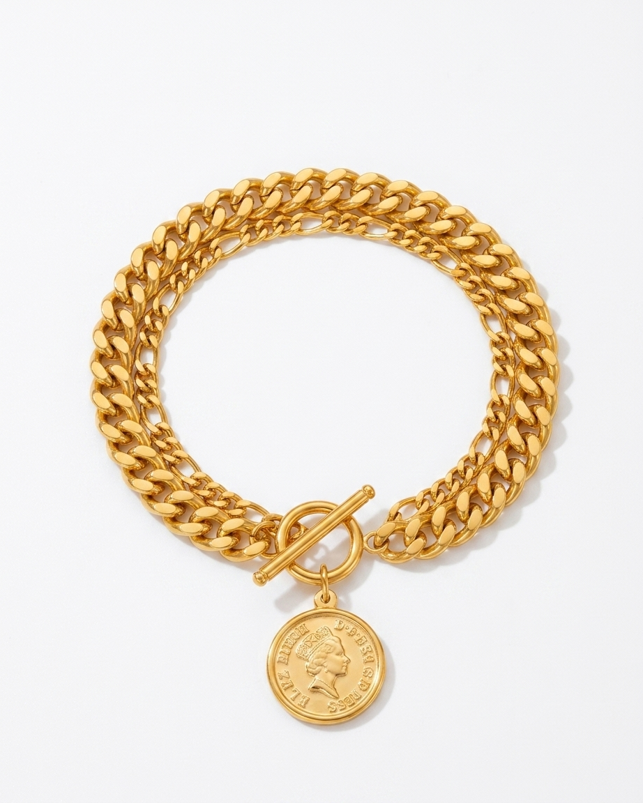Coin Charm Stainless Steel Bracelet